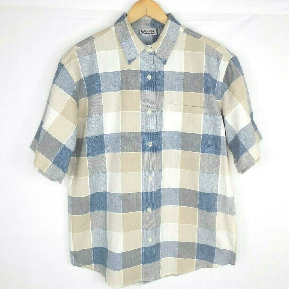 Lemon Grass Womens Button Down Plaid Top Large